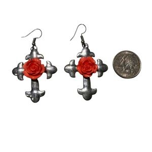 Silver and Red Cross Earrings